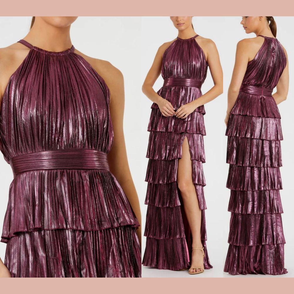 NWT IEENA Mac Duggal [ 6 ] High‎ Neck Pleated Tiered Ruffle Metallic Gown Rose
